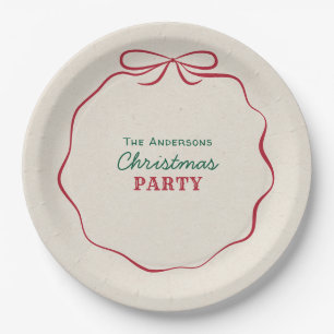 Retro Hand Drawn Ribbon Bow Christmas Party Paper Plates