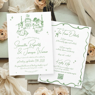 Retro Hand Drawn Scribble Green & White Wedding Invitation