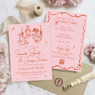 Retro Hand Drawn Scribble Pink & Red Funky Wedding Invitation