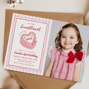 Retro Hand Drawn Valentine First Birthday Photo Invitation