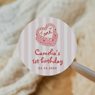 Retro Hand Drawn Valentine Girl First Birthday Classic Round Sticker