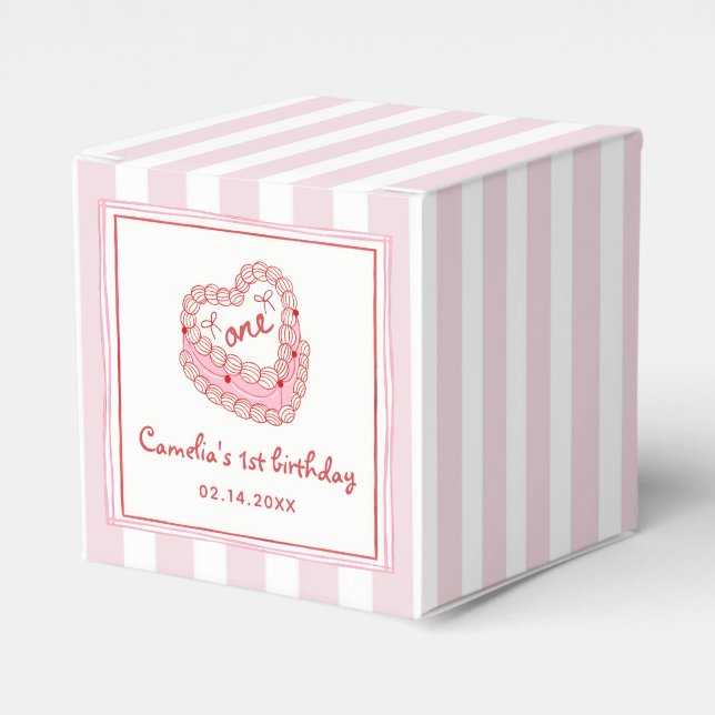Retro Hand Drawn Valentine Girl First Birthday Favor Boxes (Front Side)