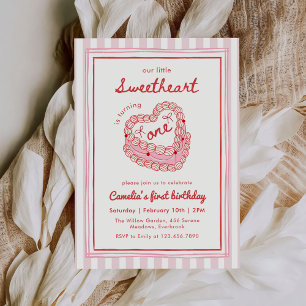 Retro Hand Drawn Valentine Girl First Birthday Invitation