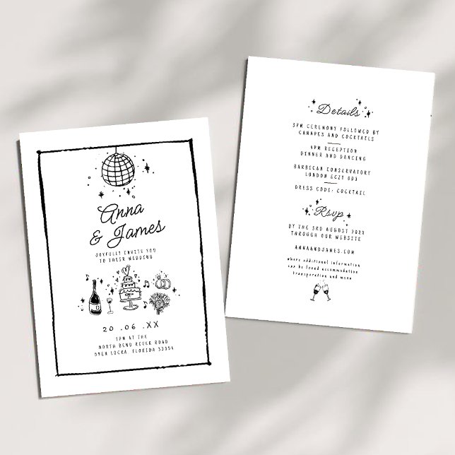 Retro hand drawn whimsical trendy funky wedding  invitation (Creator Uploaded)