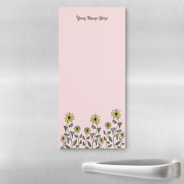 Retro Hand-Drawn Wildflowers Personalized Pink Magnetic Notepad (In Situ)