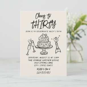 Retro Hand Drawn Written 30th Whimsical Birthday   Invitation