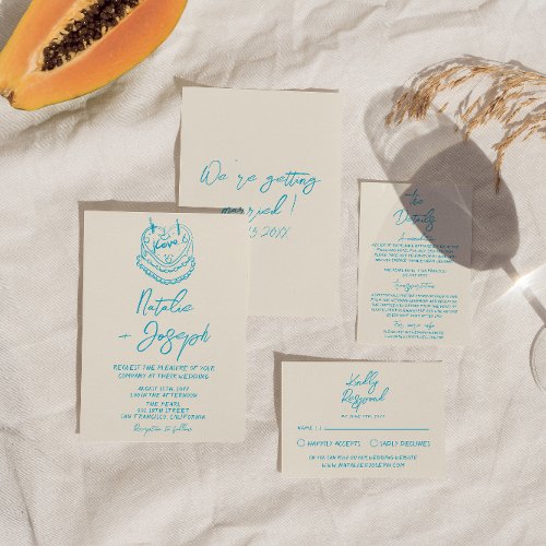 Retro Hand Drawn Written Cake Bold Unique Wedding Invitation