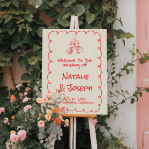Retro Hand Drawn Written Champagne Wedding Welcome Foam Board