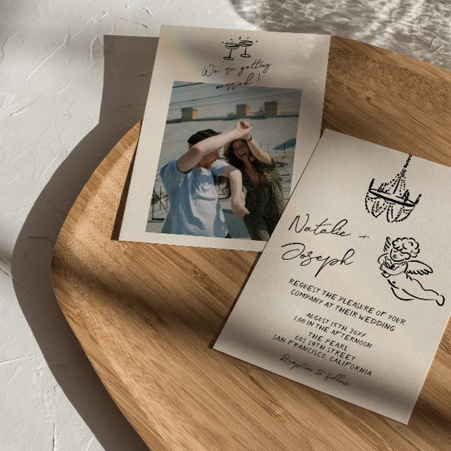 Retro Hand Drawn Written Cupid Photo Chic Wedding Invitation (Creator Uploaded)