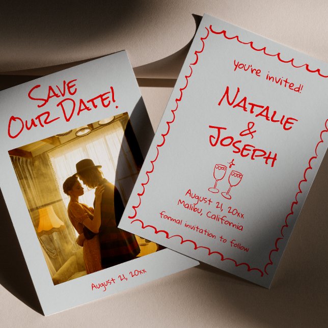 Retro Hand Drawn Written Red Quirky Photo Wedding Save The Date (Creator Uploaded)