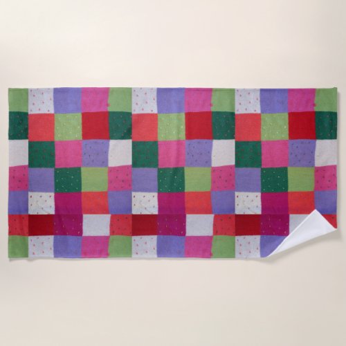 retro hand knitted colorful patchwork squares beach towel