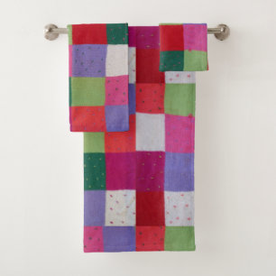 retro hand knitted colorful patchwork squares fun bath towel set