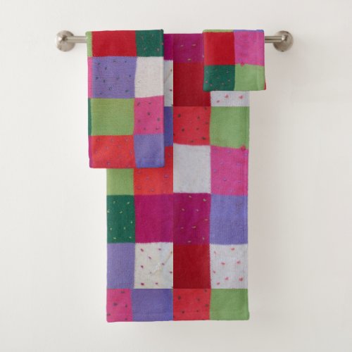 retro hand knitted colorful patchwork squares fun bath towel set