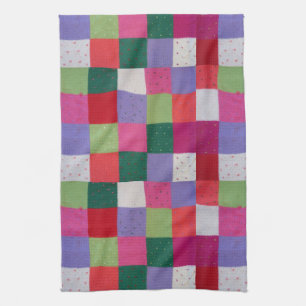 retro hand knitted colorful patchwork squares kitchen towel
