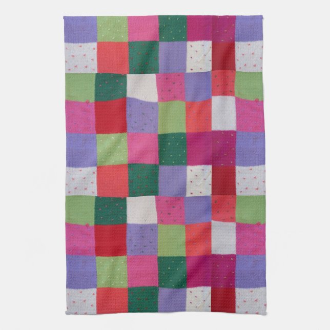 retro hand knitted colorful patchwork squares  kitchen towel (Vertical)