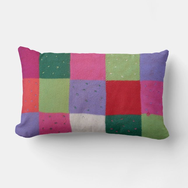 retro hand knitted colorful patchwork squares lumbar pillow (Front)