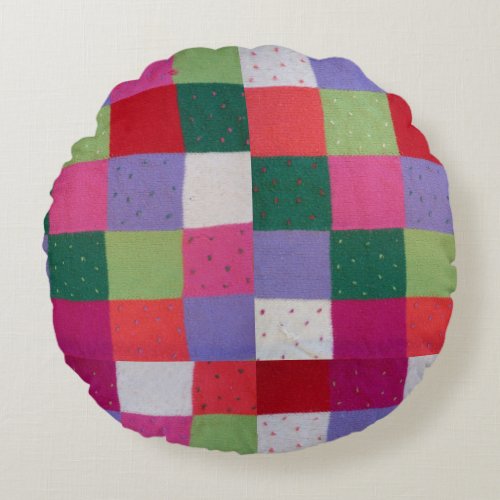 retro hand knitted colorful patchwork squares  round pillow