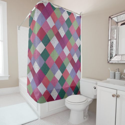 retro hand knitted colorful patchwork squares shower curtain