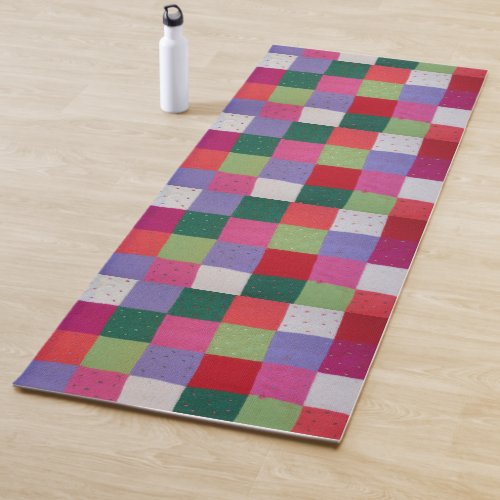 retro hand knitted colorful patchwork squares yoga mat