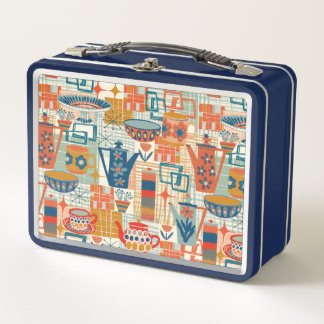 Retro Hand Painted Pottery Metal Lunch Box