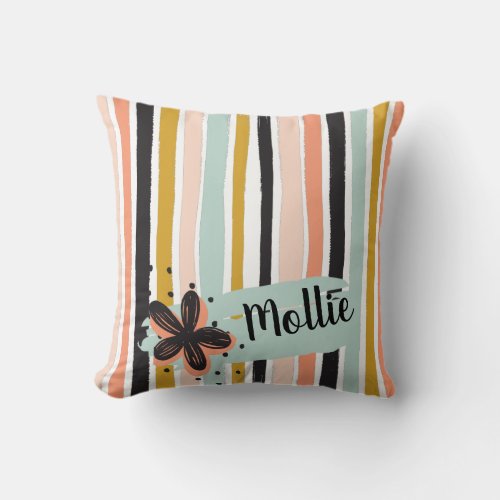 Retro Hand_Painted Stripe Pattern Floral Accent Throw Pillow