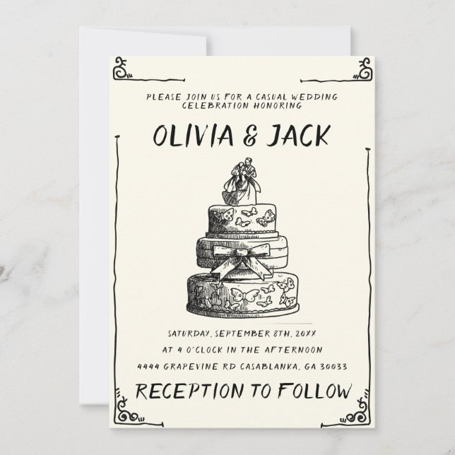 Retro Hand Written Drawn Cake Quirky Frame Wedding Invitation (Front)