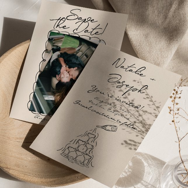 Retro Hand Written Drawn Champagne Photo Wedding Save The Date (Creator Uploaded)
