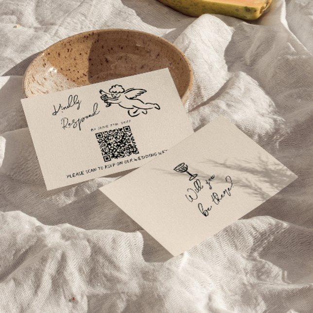 Retro Hand Written Drawn Cupid QR Code Wedding RSVP Card (Creator Uploaded)