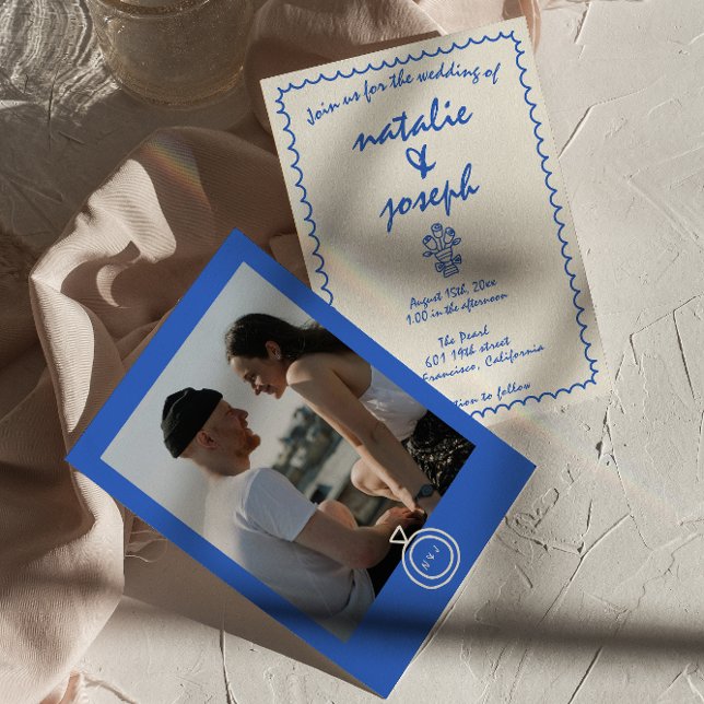 Retro Hand Written Drawn French Photo Wedding      Invitation (Creator Uploaded)