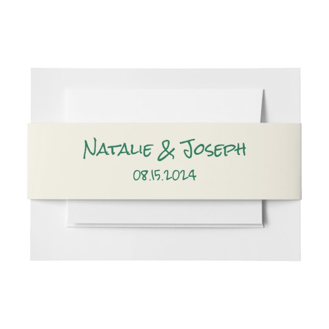 Retro Hand Written Green Modern Quirky Wedding Invitation Belly Band (Front Example)