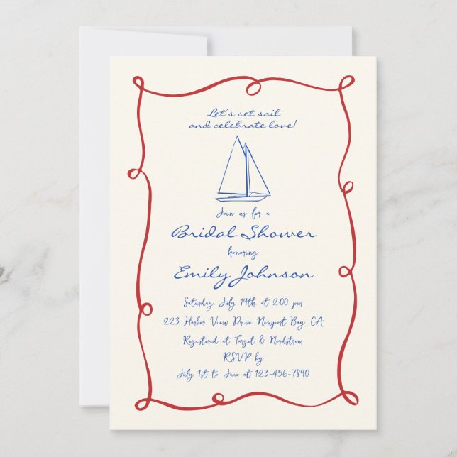 Retro Hand Written Nautical Sailboat Bridal Shower Invitation (Front)