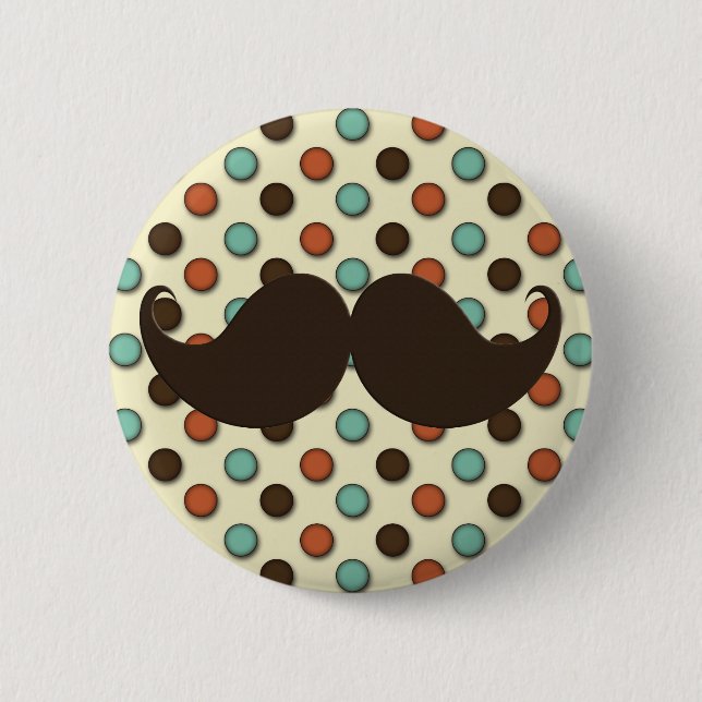 Retro Handlebar Mustache on Funky Pattern Button (Front)