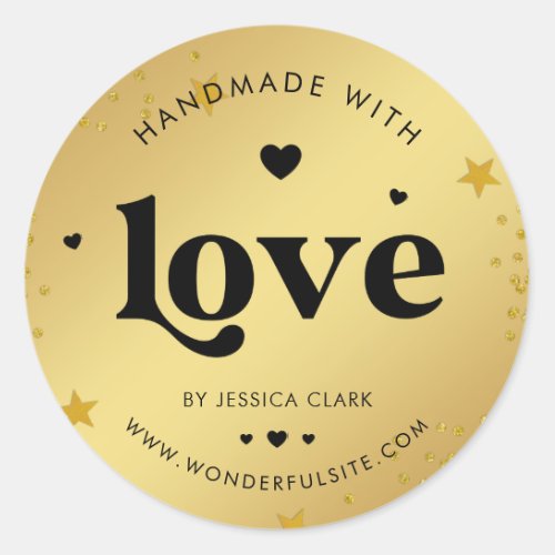 Retro Handmade with Love Gold Glitter Stars Heart Classic Round Sticker