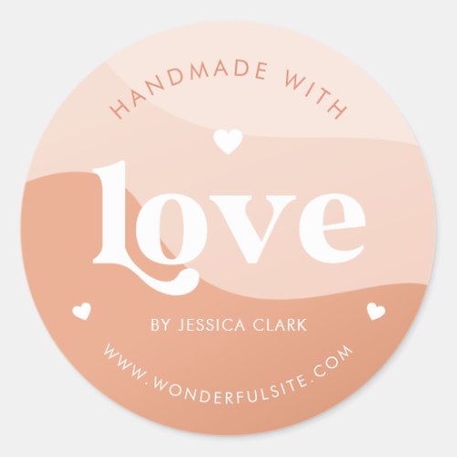 Retro Handmade with Love Heart Peach Boho Waves Classic Round Sticker