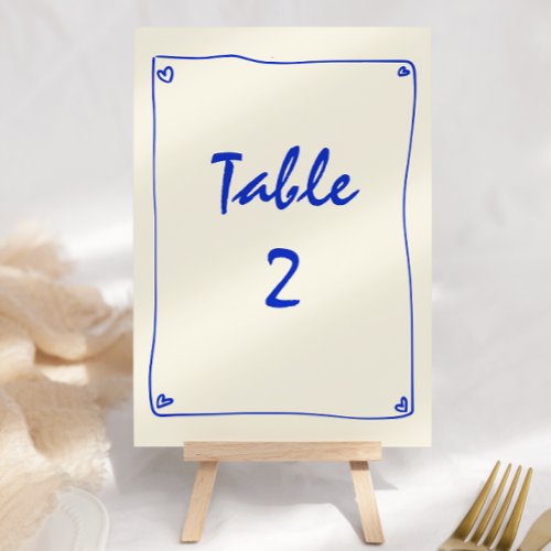 Retro Handwritten Blue Wedding Table Number