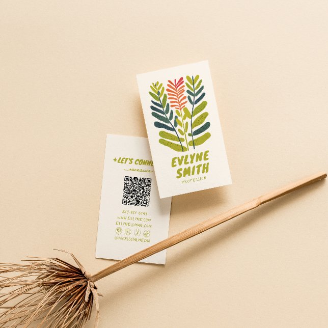 Retro Handwritten Drawn Green Funky Floral QR Cod Business Card (Creator Uploaded)