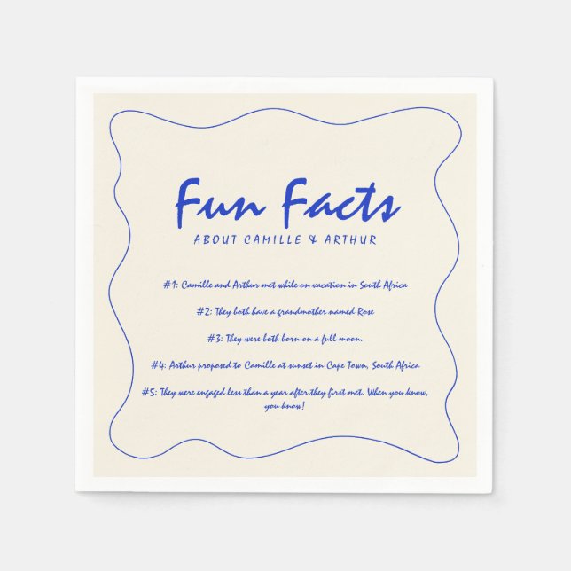 Retro Handwritten Fun Facts Blue Wedding Napkins (Front)