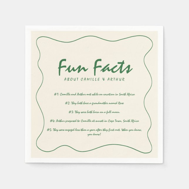 Retro Handwritten Fun Facts Green Wedding Napkins (Front)