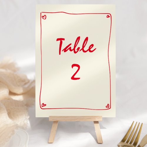Retro Handwritten Red Wedding Table Number