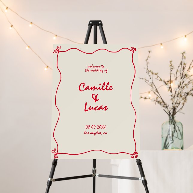 Retro Handwritten Red Wedding Welcome Sign (In Situ (Stand))