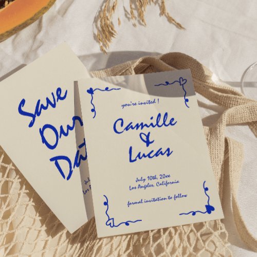 Retro Handwritten Whimsical Blue Save the dates Invitation