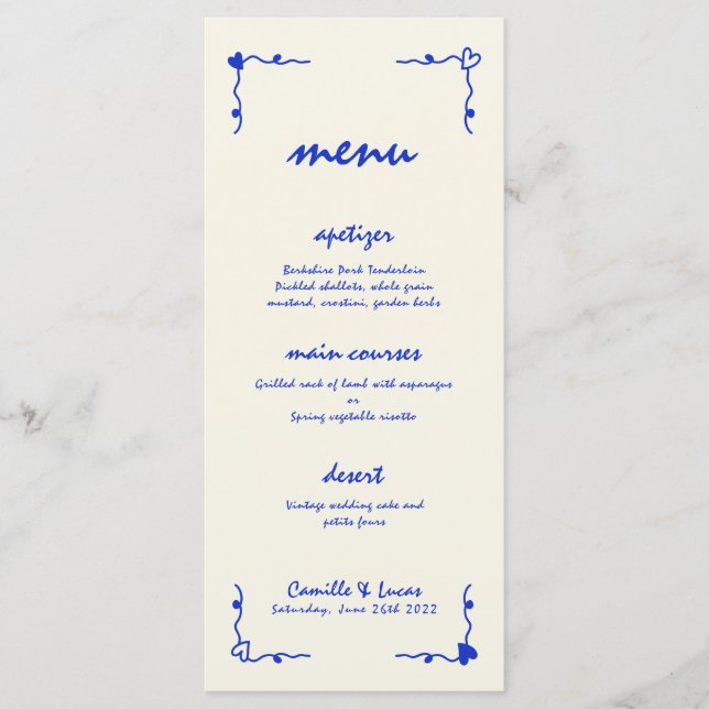 Retro Handwritten Whimsical Blue Wedding Menu (Front)