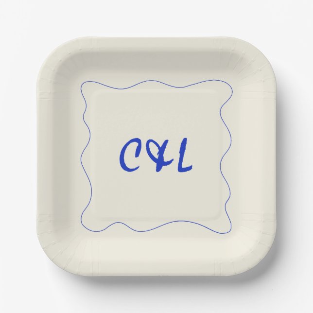 Retro Handwritten Whimsical Blue Wedding Paper Plates (Front)