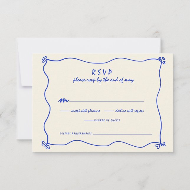 Retro Handwritten Whimsical Blue Wedding  RSVP Card (Front)
