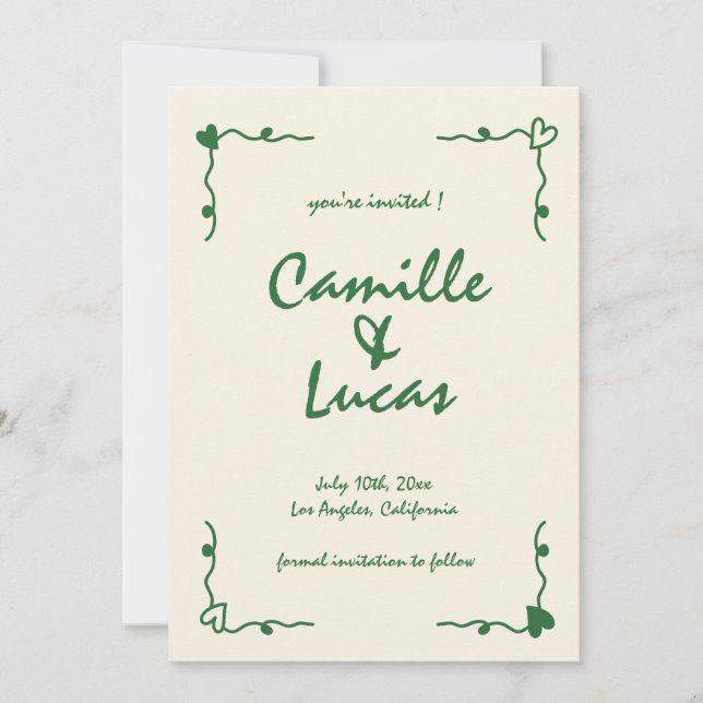 Retro Handwritten Whimsical Green Save the dates Invitation (Front)