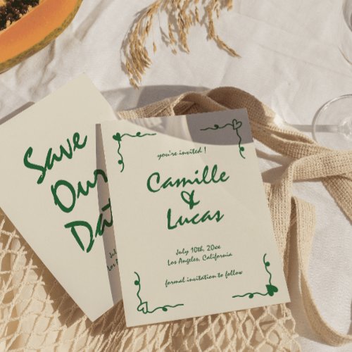 Retro Handwritten Whimsical Green Save the dates Invitation