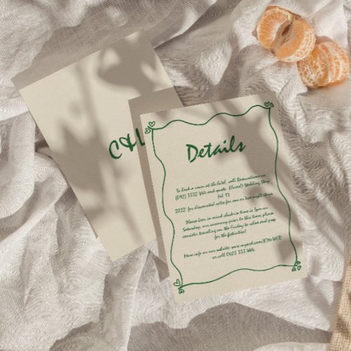 Retro Handwritten Whimsical Green Wedding Detail  Enclosure Card