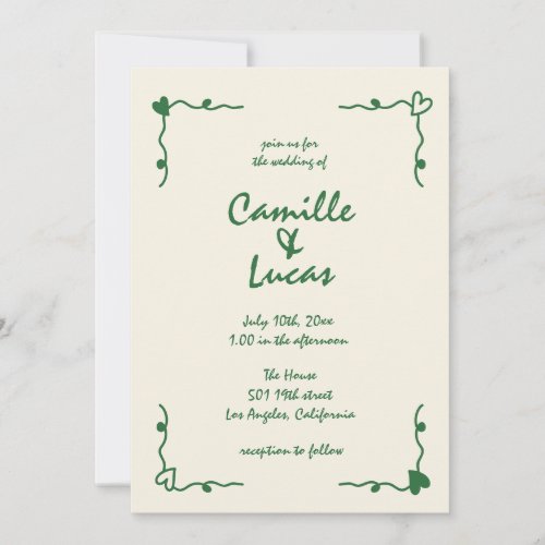 Retro Handwritten Whimsical Green Wedding  Invitation