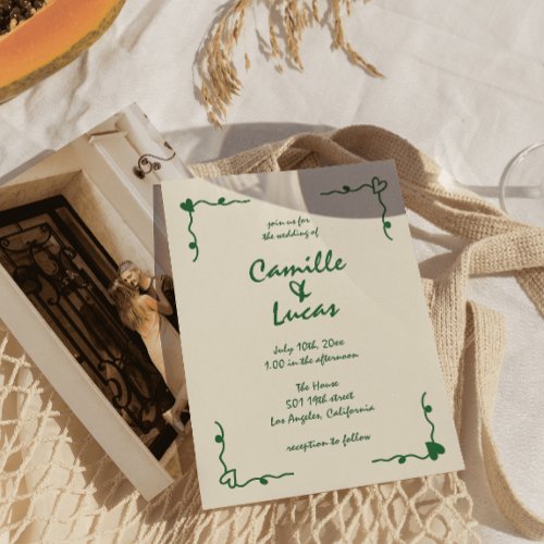 Retro Handwritten Whimsical Green Wedding  Invitation