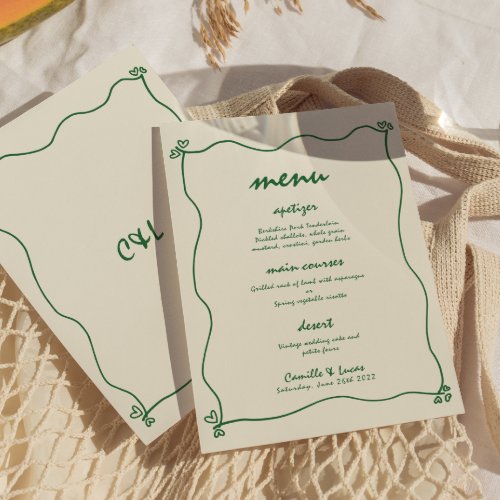 Retro Handwritten Whimsical Green Wedding Menu Invitation